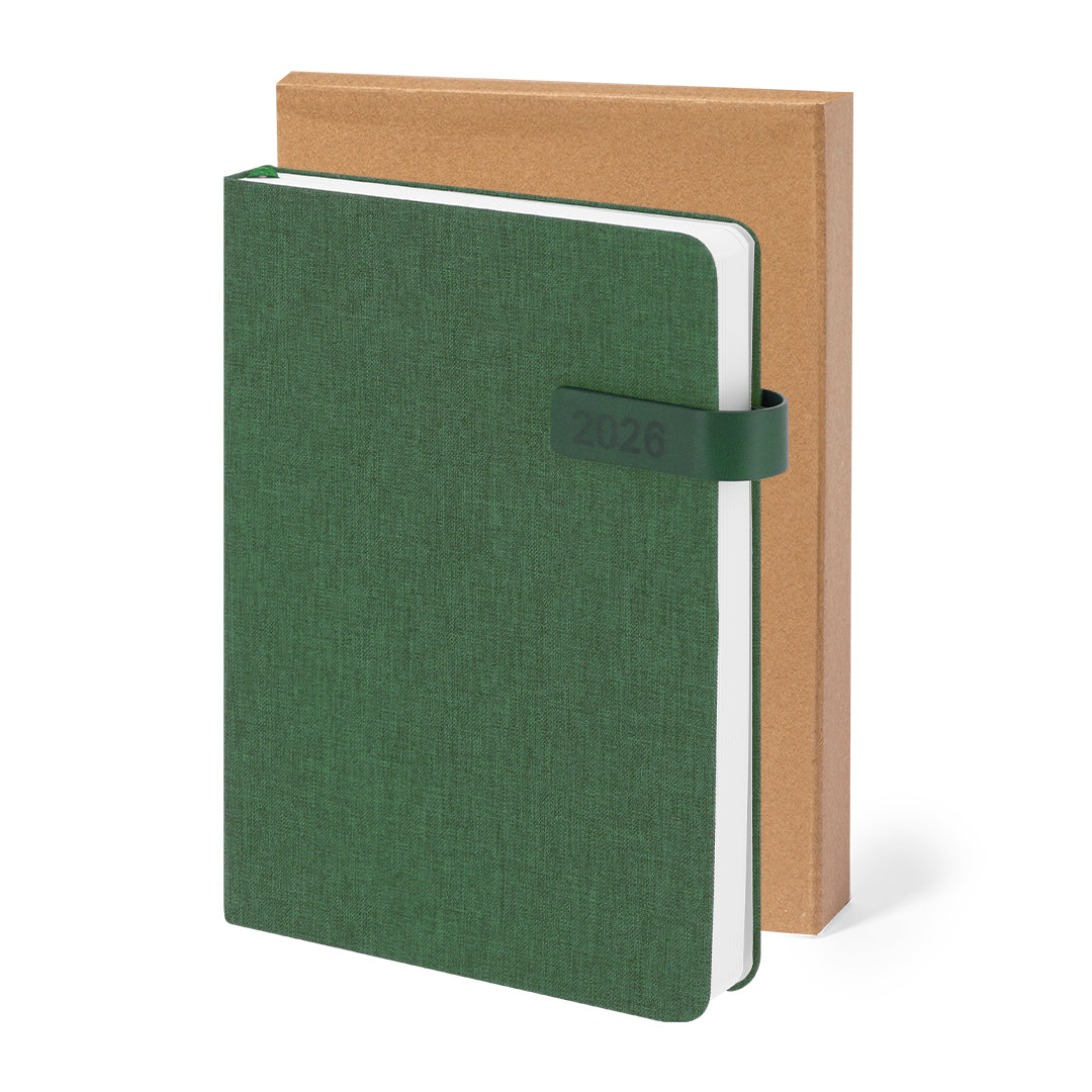 genda A5 reciclada RPET presentada en caja individual para regalo corporativo.